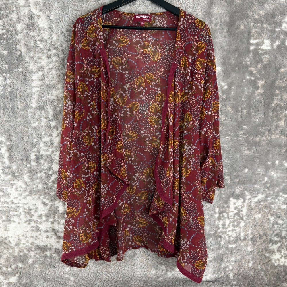 New DOWNING studio Plus Size 3X Floral Sheer Open Front Kimono Cardigan Red Top